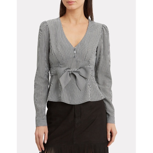 Intermix Myra Gingham Long Sleeve Bow Waist Tie Top - Picture 2 of 15